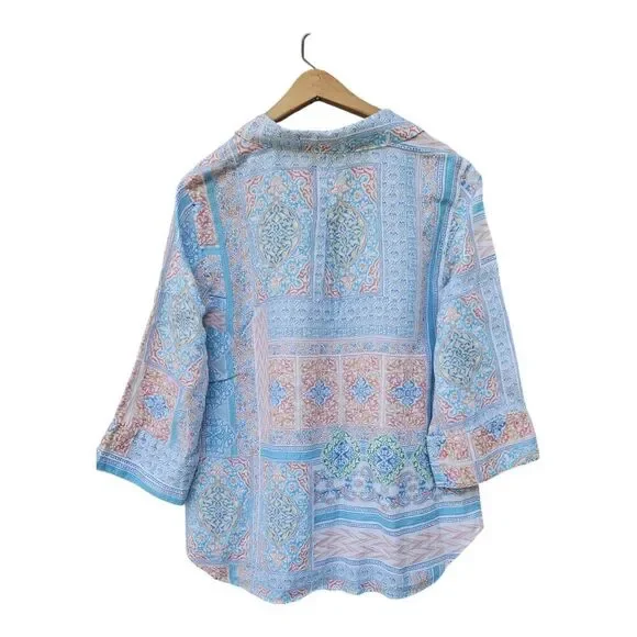 Chico's No Iron 100% Linen Button Up Top Sz 2 (12) Pastel Patchwork Bohemian - Picture 2 of 7